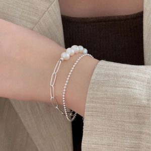 Silver Layered Graduated Freshwater Pearl Bracelet