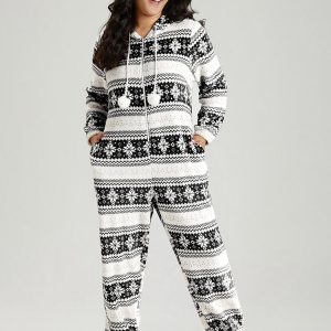 Snowflake Print Fuzzy Trim Sleep Hooded Jumpsuit