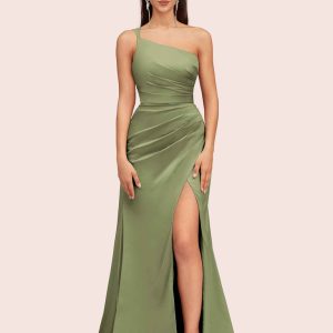 Soft Satin One Shoulder Side Slit Silky Long Mermaid Bridesmaid Dresses Online