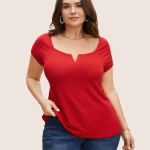 Solid Notched Collar Pit Strip T-shirt