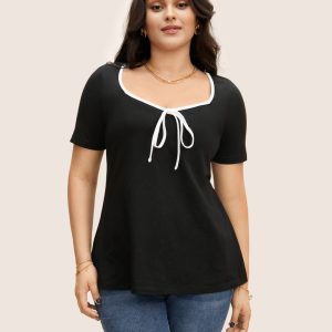 Square Neck Contrast Trim Tie Knot T-shirt