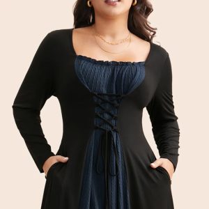 Square Neck Textured Patchwork Crisscross Dress