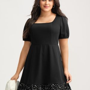 Stretchy Bubble Hem Polka Dots Midi Dress