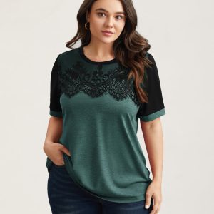 Stretchy Scalloped Lace Color Contrast T-Shirt