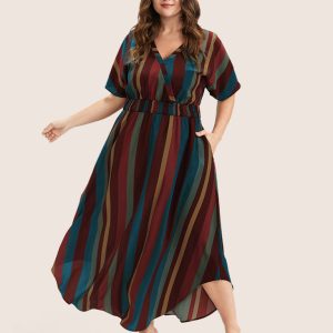 Striped Dolman Sleeve Pocket Shirred Flutter Wrap Dress