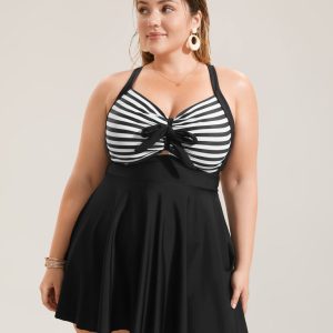 Stripes Patchwork Tie Knot Cross Straps Swim Dress