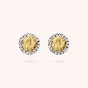 Stud Earrings with Hammered Disc and Pavé in Cubic Zirconia