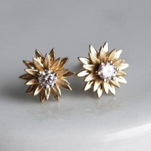 Sunflower Gold & Diamond Stud Earrings