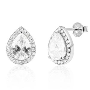 Teardrop Halo Earrings/18K White Gold Vermeil & Premium Cubic Zirconia