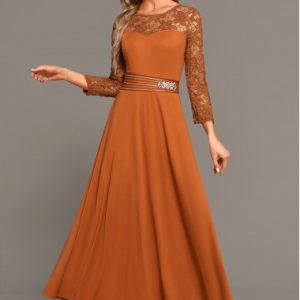 Terracotta Lace Long Sleeve Round Neck Maxi Dress