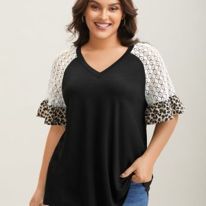 Textured Leopard Print Contrast Plain T-Shirt