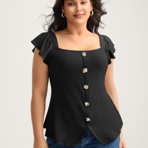 Textured Shape Button Flutter Sleeve Blouse