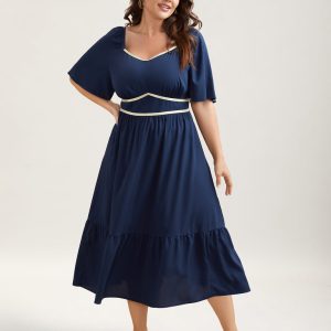 Textured Stretchy Waist Milkmaid Style Midi Dress