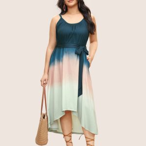 Tie Dye Belted Gathered Asymmetrical Hem Dress