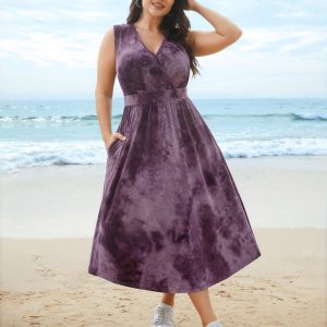 Tie-Dye Surplice Neck Curved Hem Midi Dress