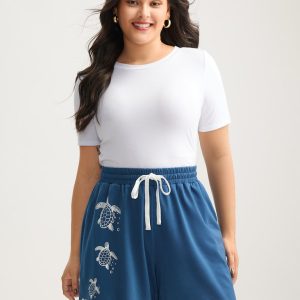 Turtle Print Drawstring Straight-Leg Shorts