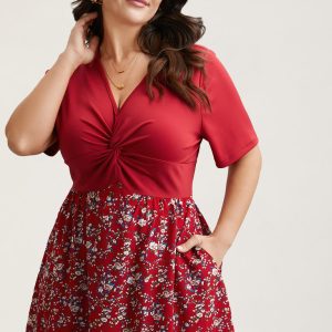 Twist-Front V-Neck Stretchy Waist Midi Dress
