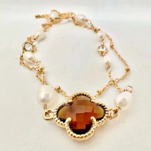 Two Layers Pearl and Crystal Gold Bracelet