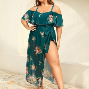 Two-Piece Floral Ruffled Knotted One-Piece, Sarong