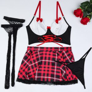 Uniform Bow Plaid Lingerie Set