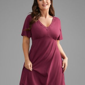 V Neck Lace Trim Sleep Ruffle Sleeve Dress