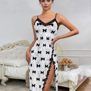 Velvet Lace Stitching Split Nightdress