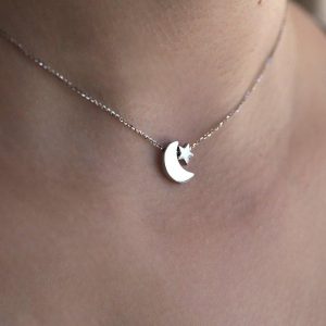 White Gold Necklace Moon Star
