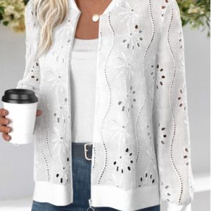 White Jacquard Long Sleeve Stand Collar Track Jacket