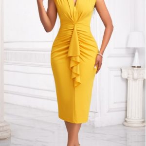 Yellow Ruffle Short Sleeve V Neck Bodycon Dress