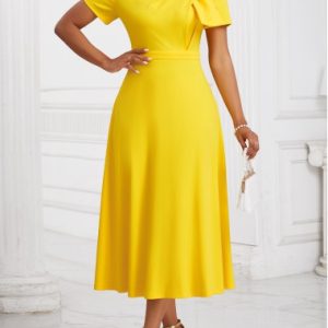 Yellow Zipper Short Sleeve Asymmetrical Neck Dress