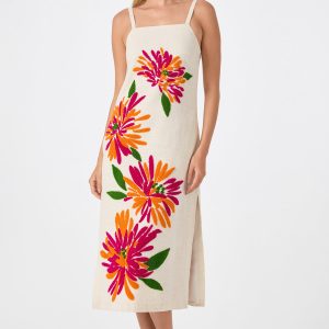 Yona Embroidered Flowers Midi Dress