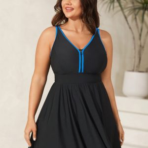 Zipper Front Color Contrast Swim Dress