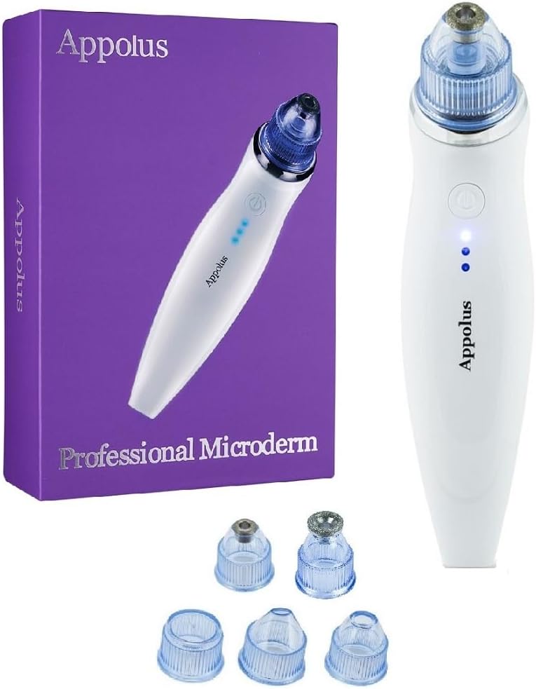 Microdermabrasion Machine Appolus Premium Diamond Microdermabrasion Device Tool 2 Diamond Tips 5 Heads Blackhead Blemishes Remover Pores Fine Lines Minimizer