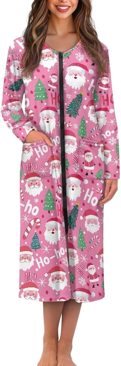 JEOCODY Women Zipper Robe Long Sleeve Nightgowns Long Bathrobe with Pockets Casual Full Length Loungewear