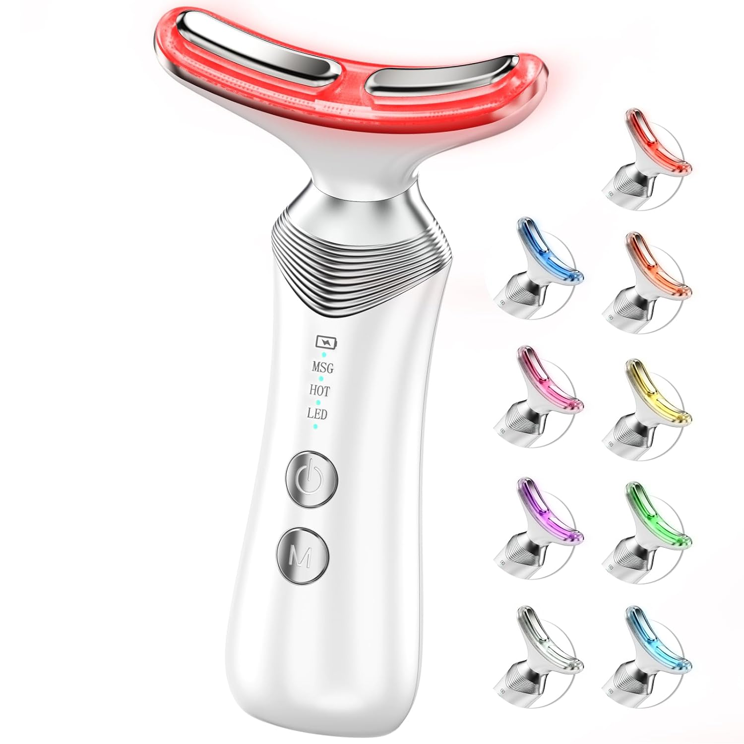 9 in 1 Red Light Therapy for Face and Neck Portable Facial Massager Tool with Adjustable Vibration Thermals for Wrinkles Double Chin White