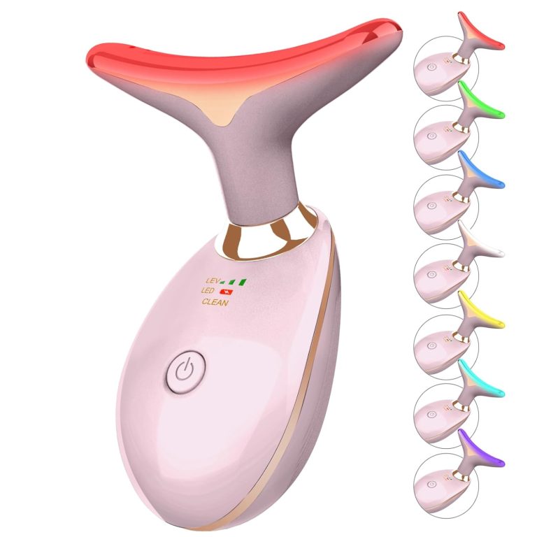 7 Color Face and Neck Massager Light Therapy Red Light Based Facial Massager for Skin Care Firming Smoothing Pink