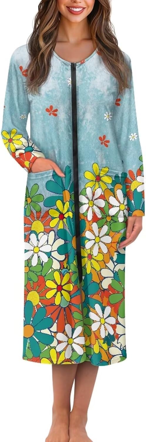 JEOCODY Women Zipper Robe Long Sleeve Nightgowns Long Bathrobe with Pockets Casual Full Length Loungewear