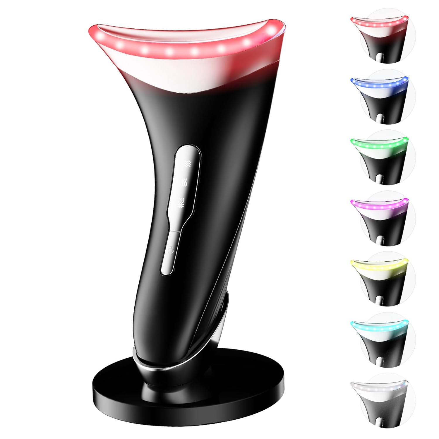 7 Color Light Therapy Facial Massager with Adjustable Vibration and Thermals for Wrinkles Double Chin Red Light Skin Care Tool with Base Black