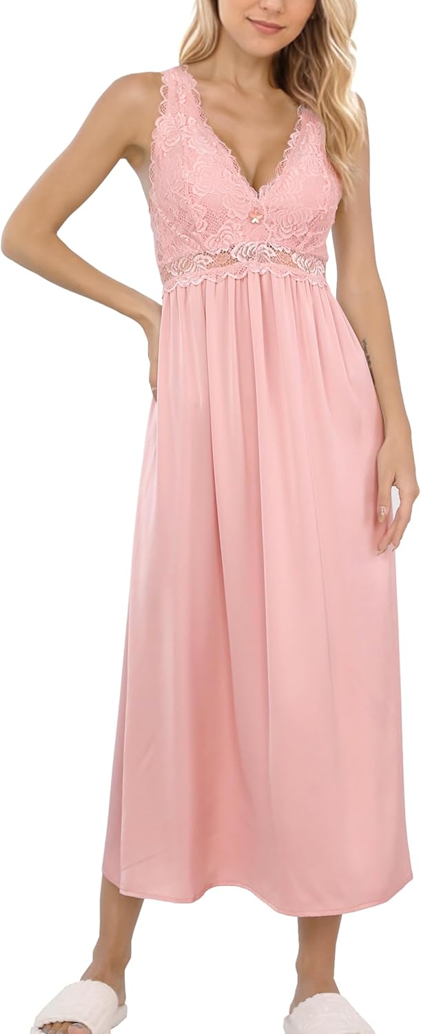 ALCEA ROSEA Womens Sexy Nightgowns Long Floral Lace silky Lingerie supportive Chemises Full slip for Women Elegant Sleepwear