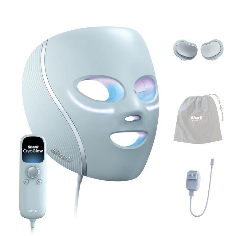 Shark CryoGlow LED Face Mask FSAHSA Eligible with Under Eye Cooling Anti Ageing Blemish Repair Red Blue LED Infrared Light Therapy USB C Remote Control Storage Bag Blue Frost FW312