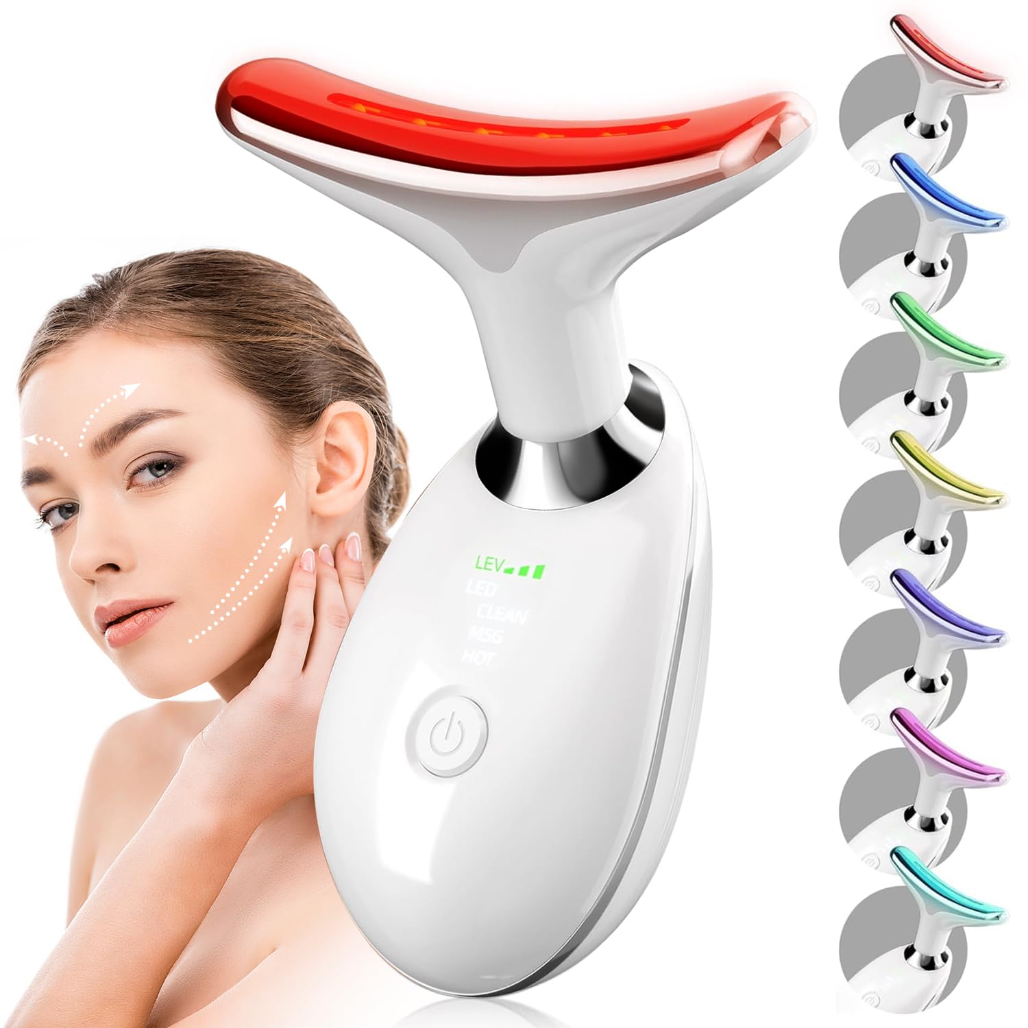 2025 New Face and Neck Massager Tool 7 Colors LED Womens Skin Care Facial Massager for Skin Rejuvenation Lifting Toning Glow Boost White
