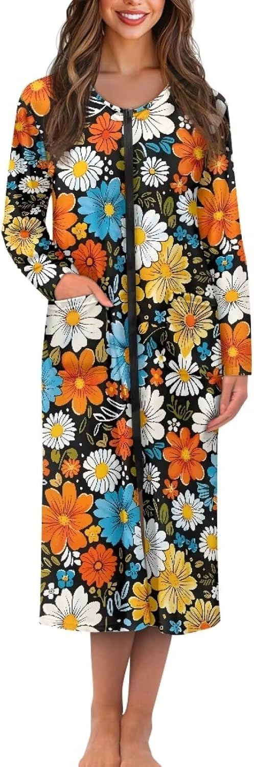 JEOCODY Women Zipper Robe Long Sleeve Nightgowns Long Bathrobe with Pockets Casual Full Length Loungewear