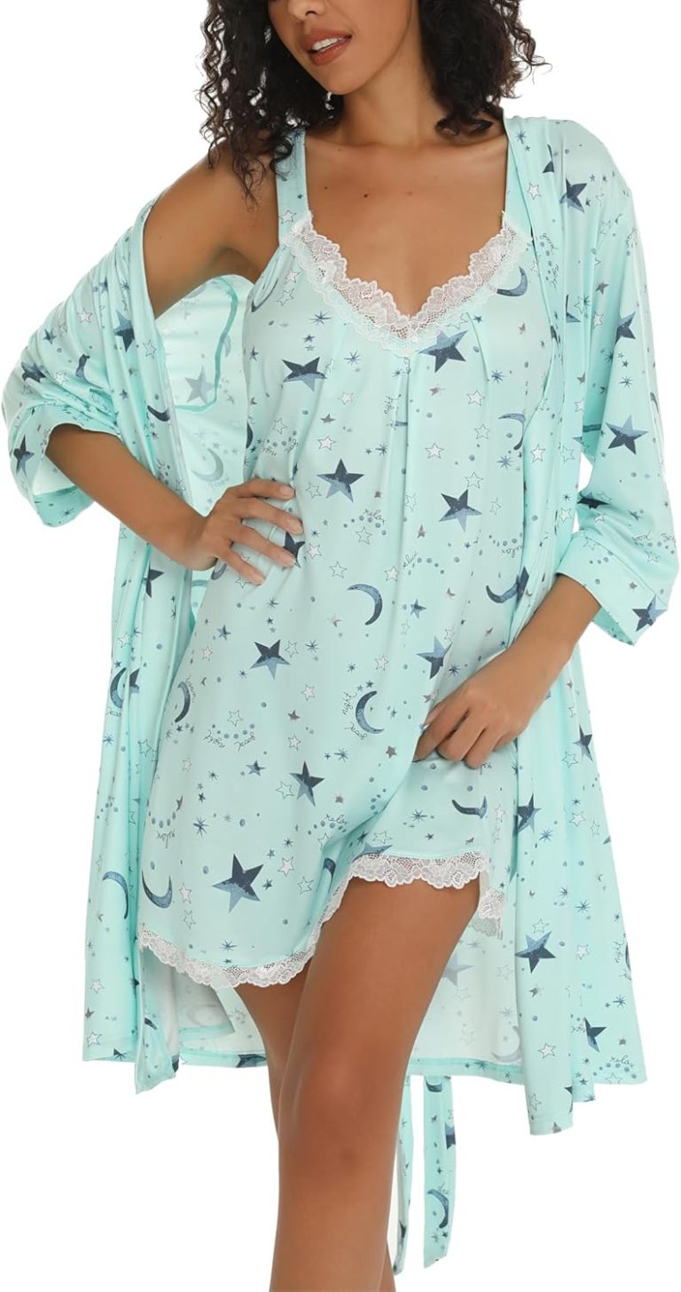 ENJOYNIGHT Women’s Robes Set Sexy V-Neck 2 Piece Lingerie Nightgown With Robes Pajama Set Lace Cami Sleepwear