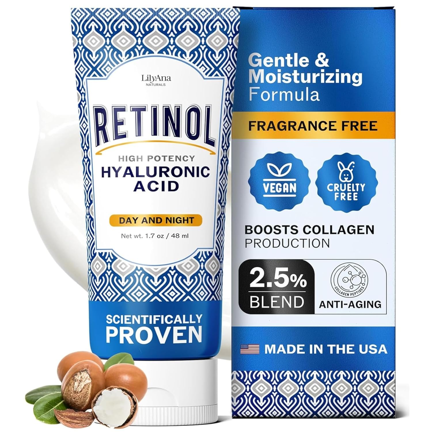 LilyAna Naturals Anti Aging Retinol Face Cream for Women Wrinkle Neck Cream for Firming Retinol Moisturizer for Face with Hyaluronic Acid Hydrating Night Cream for Fine Lines Collagen Boost