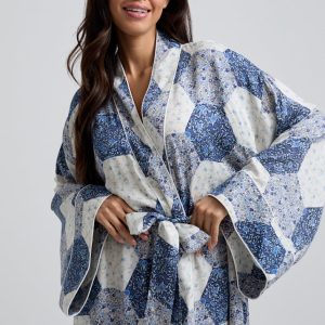Corina Kimono Style Aster Patchwork Print Robe In Blue