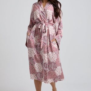 Corina Kimono Style Aster Patchwork Print Robe In Pink