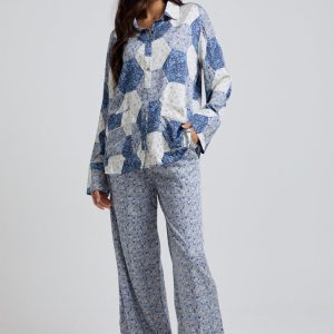 Evie Long Sleeve Aster Patchwork Print Pyjama Set In Blue