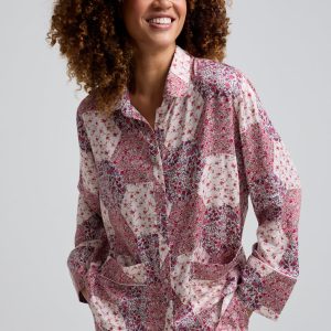 Evie Long Sleeve Aster Patchwork Print Pyjama Set In Pink