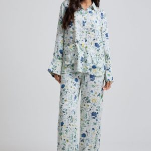 Evie Long Sleeve Pressed Floral Print Pyjama Set In Blue