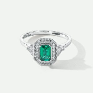 Vera | 18ct White Gold 0.12ct tw Lab Grown Diamond and Created Emerald Vintage Ring